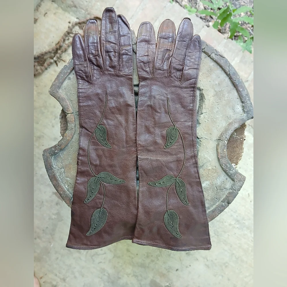 Almondized BEAUTYSKIN, brown leather‎ gloves. Women's Sz.7(S).Vintage